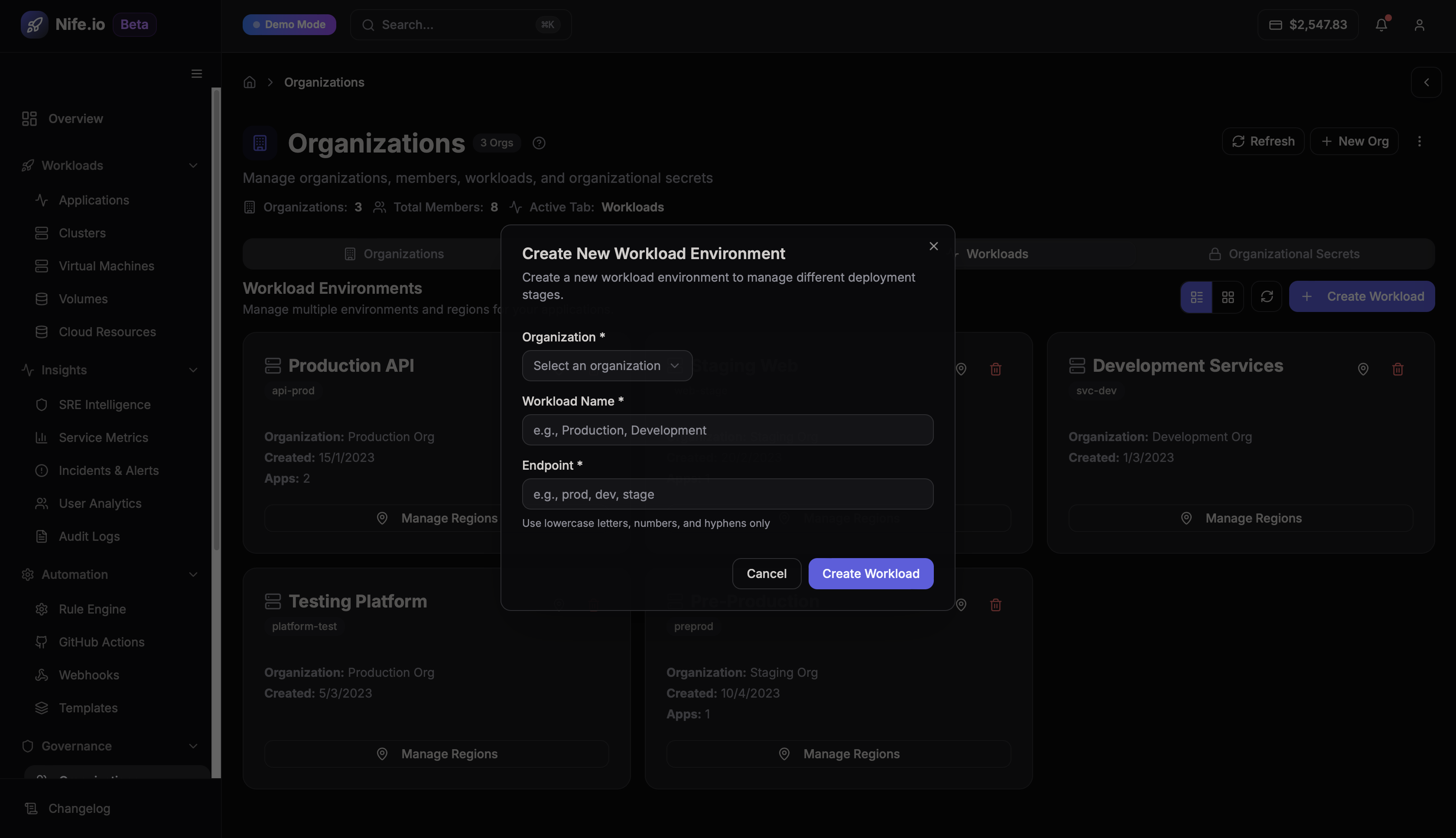 Workload Configuration Popup