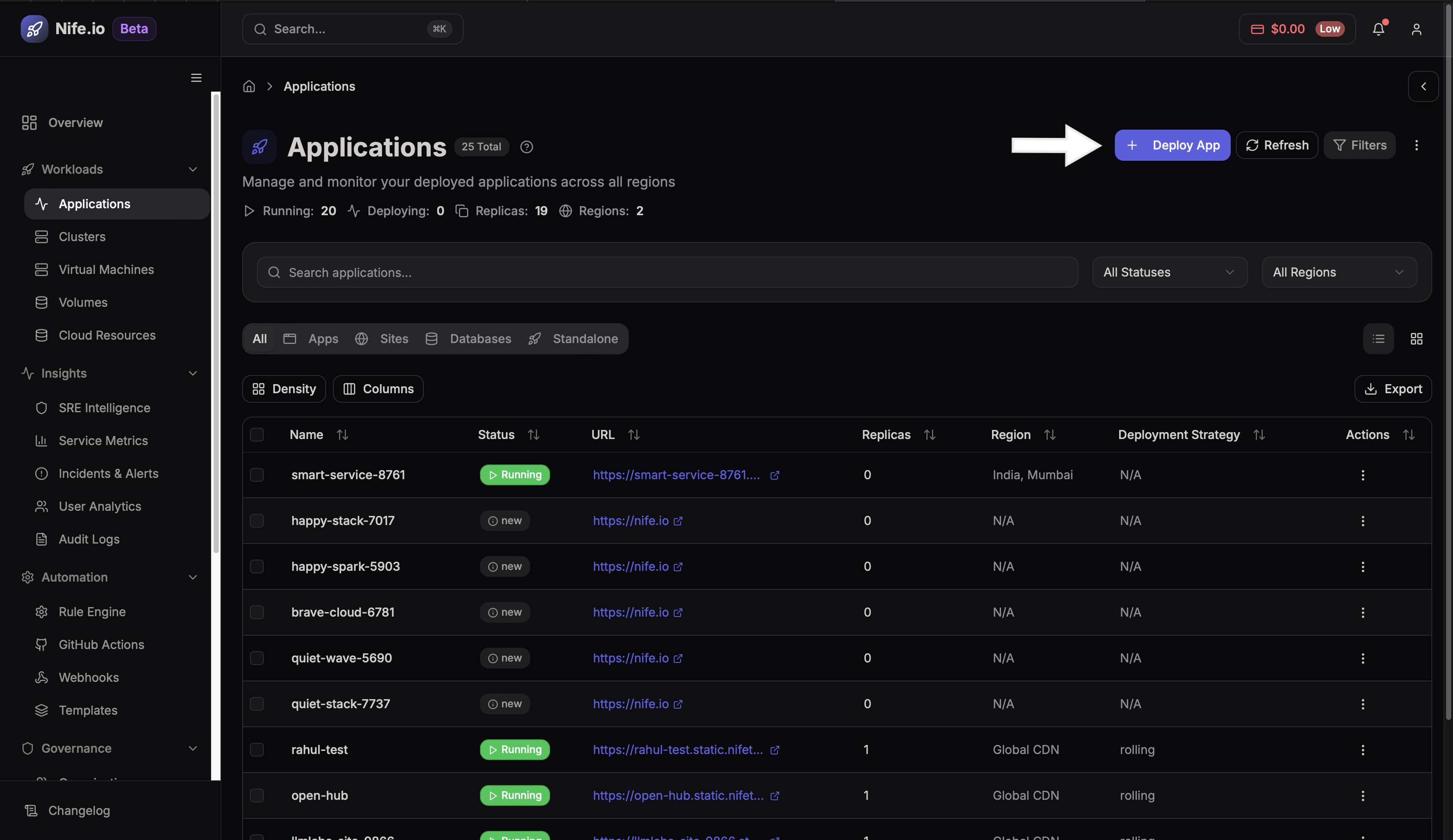 Deploy Site dashboard