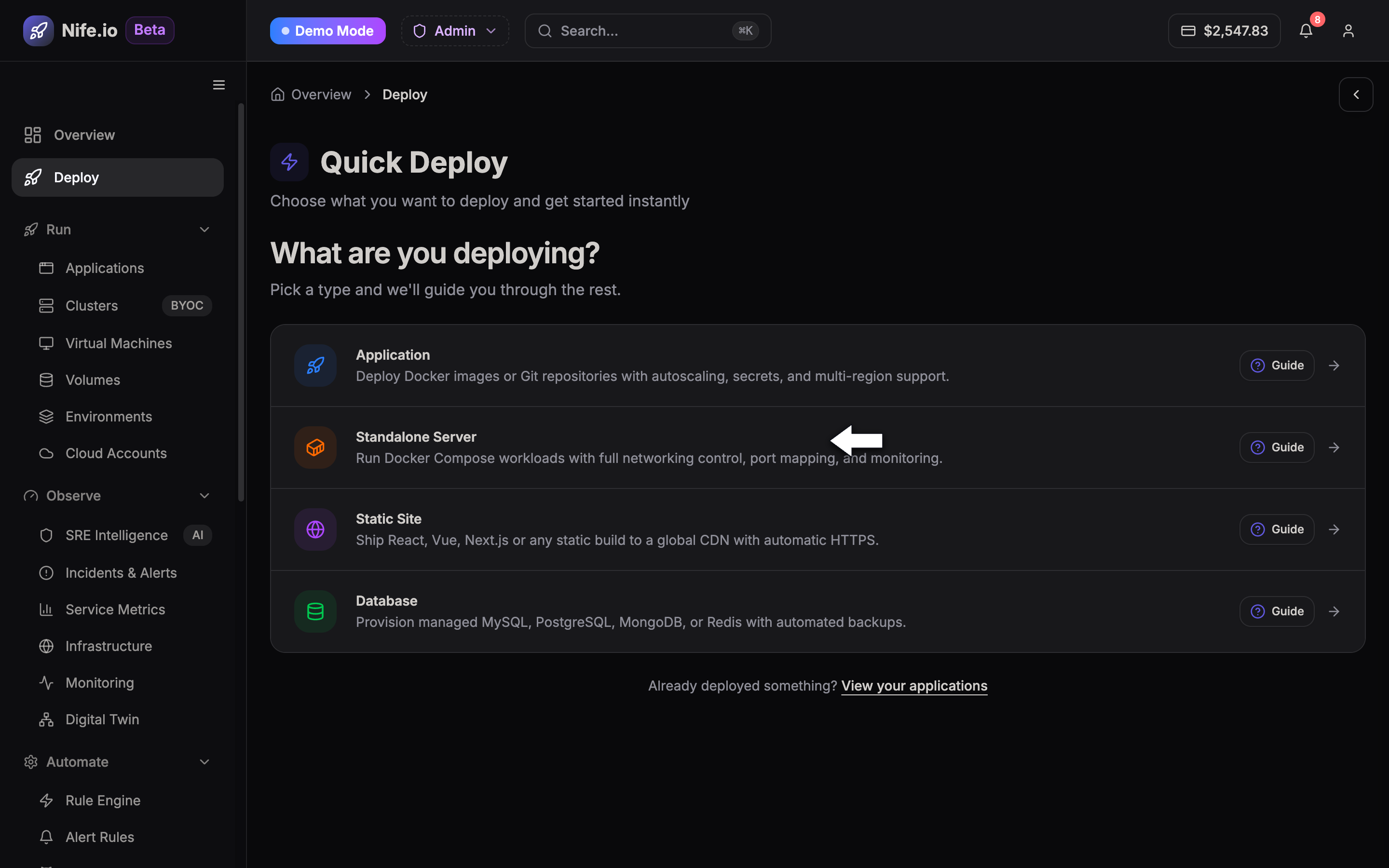 Select Standalone Server in Deploy Wizard