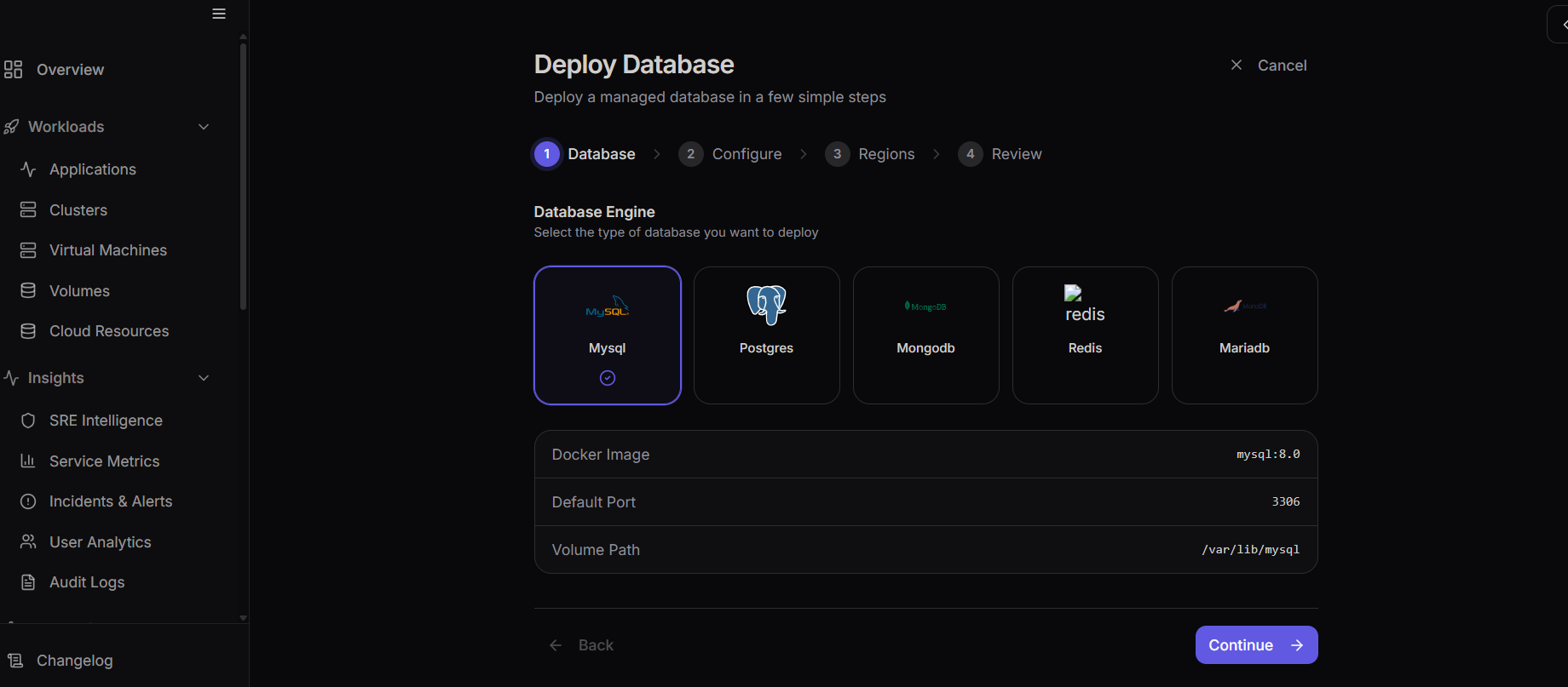 Select database type