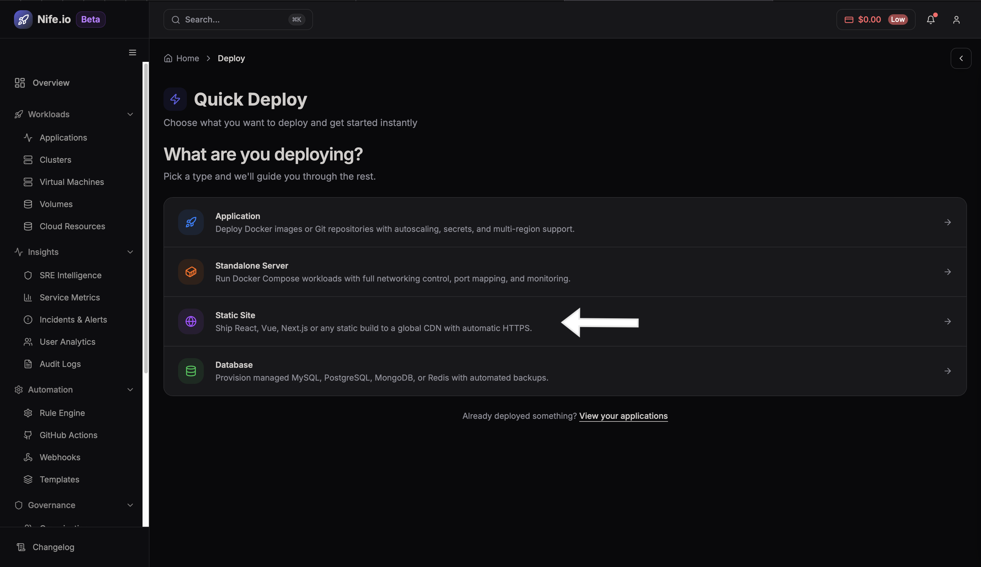 Deploy Site dashboard