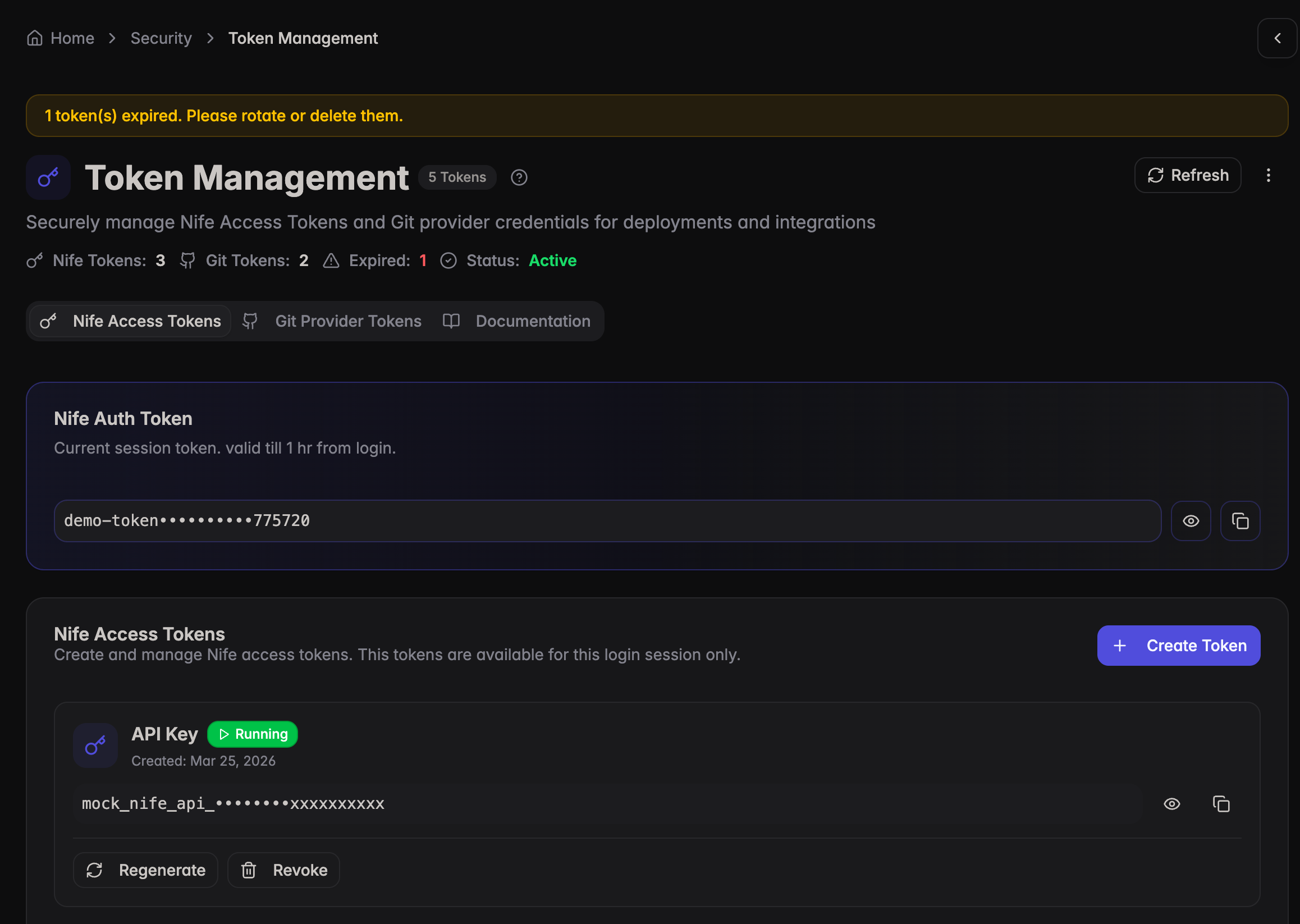 Token Management Setting page