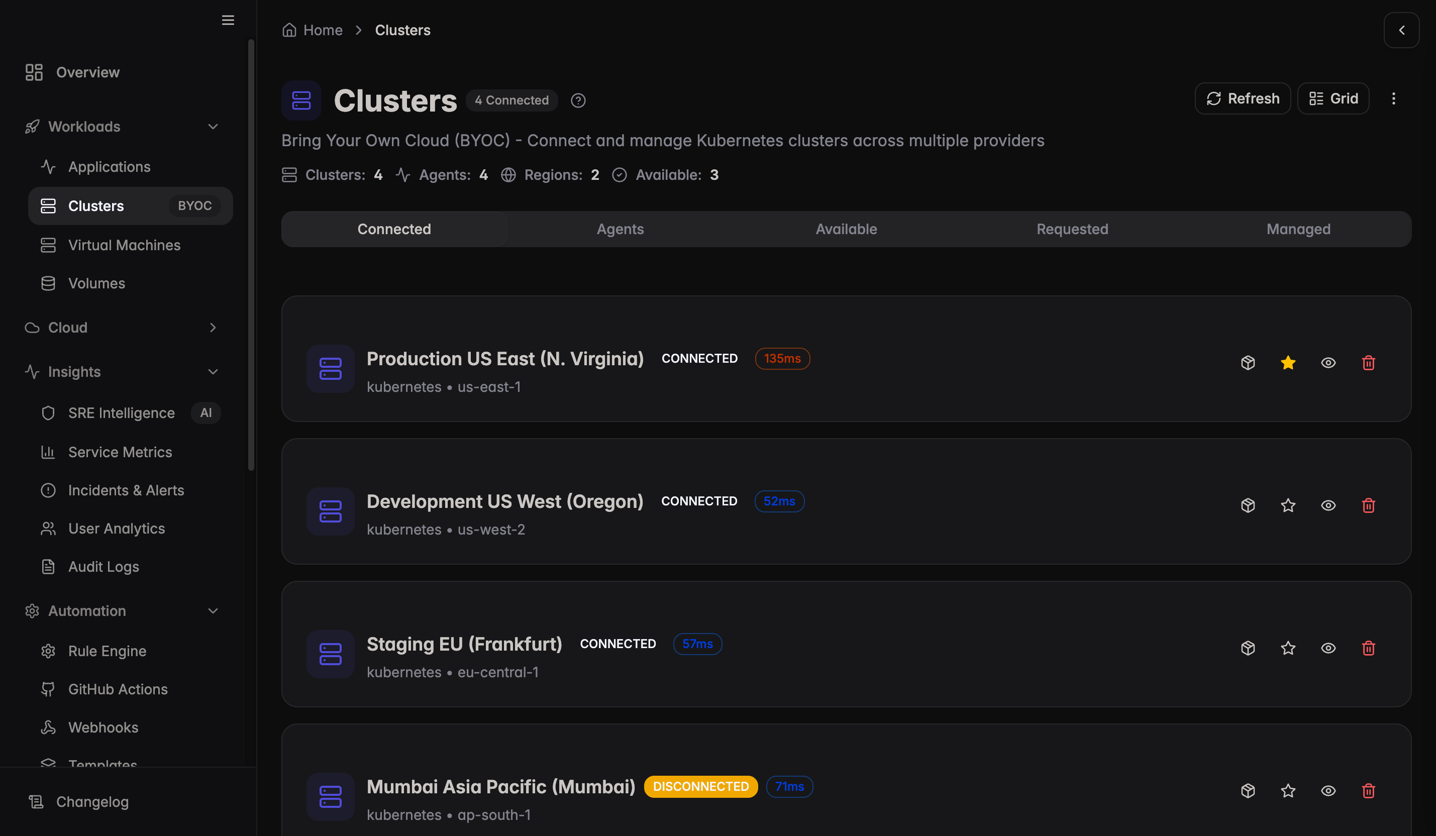 Clusters page showing connected clusters with status and latency