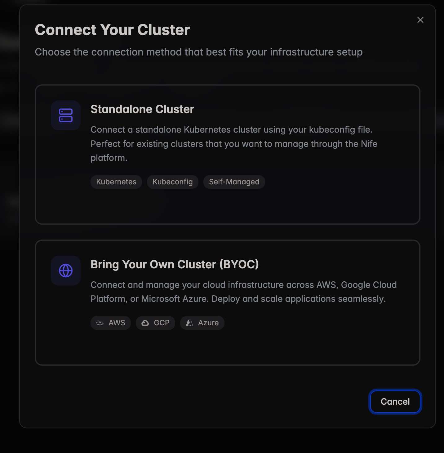 Connect Your Cluster modal showing Standalone and BYOC options