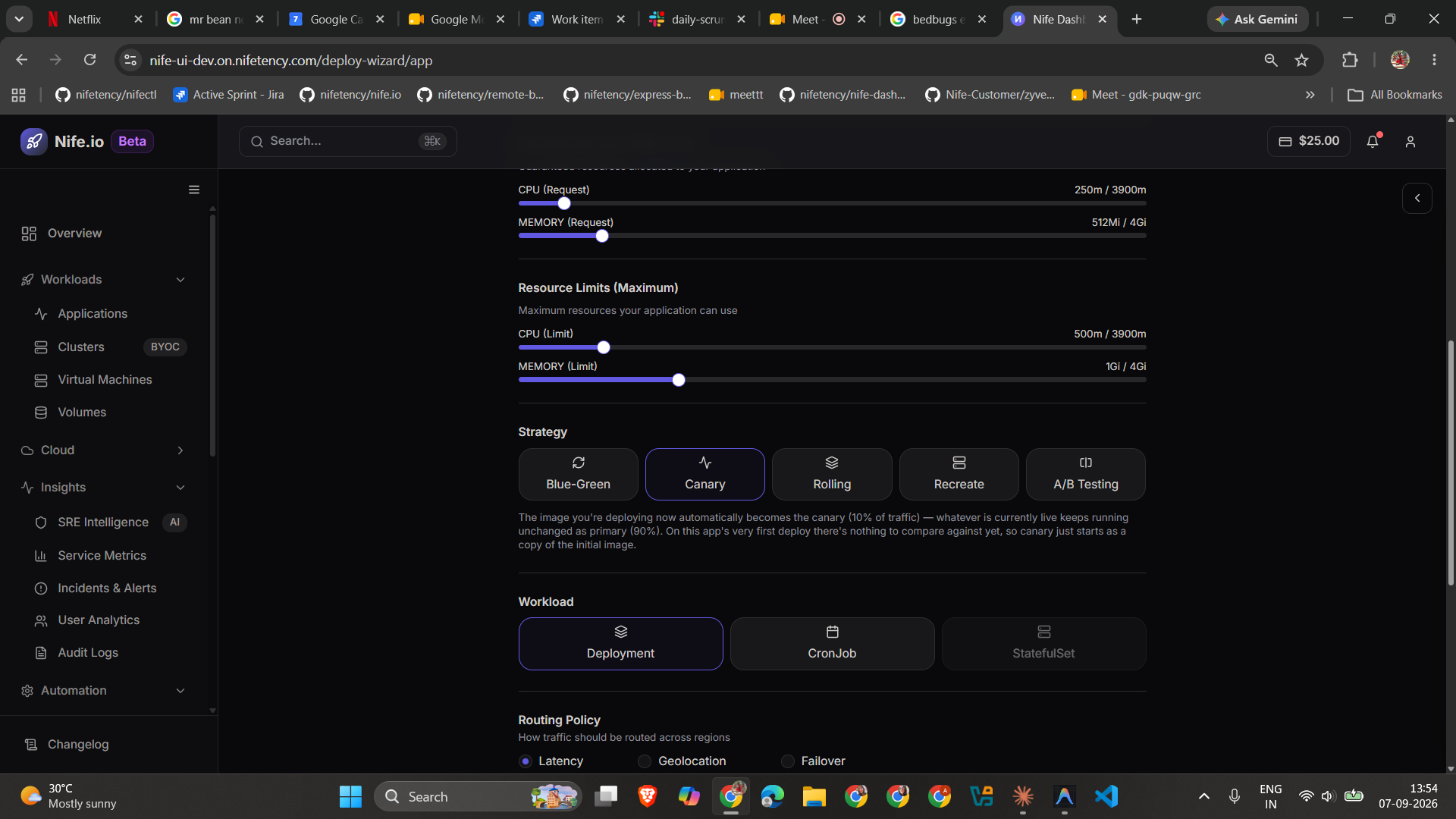 Deploy wizard Strategy step with Canary selected, showing the note that the deployed image automatically becomes the canary at 10% traffic while primary stays at 90%