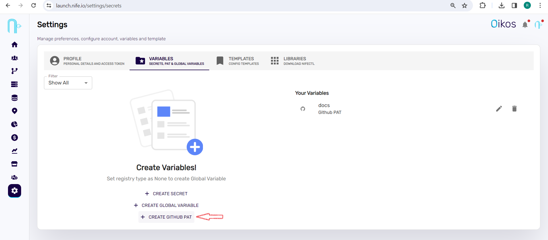 create variables page 