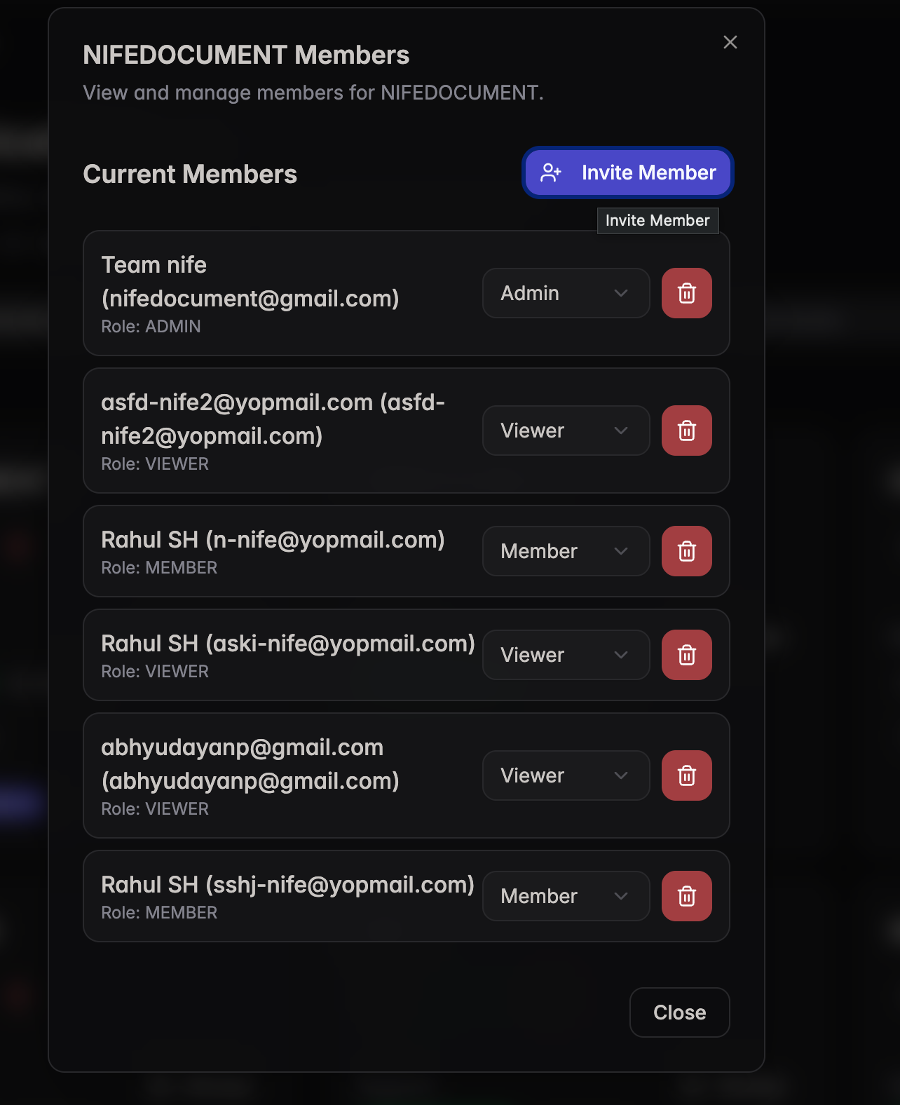 Members modal showing current members list with roles