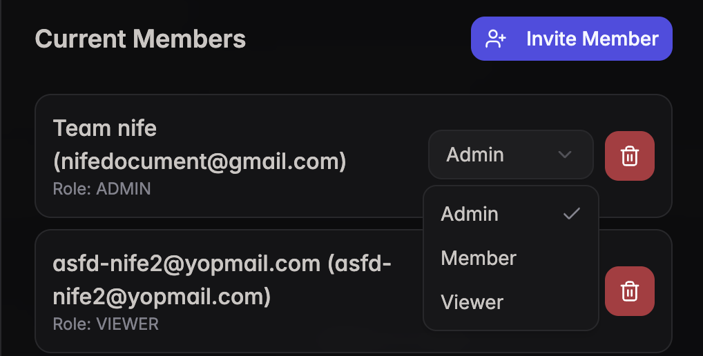 Role change dropdown showing Admin, Member, Viewer options