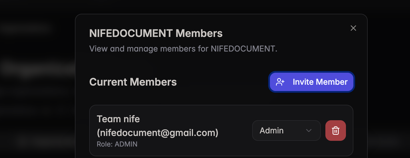 Organization Members modal with Invite Member button