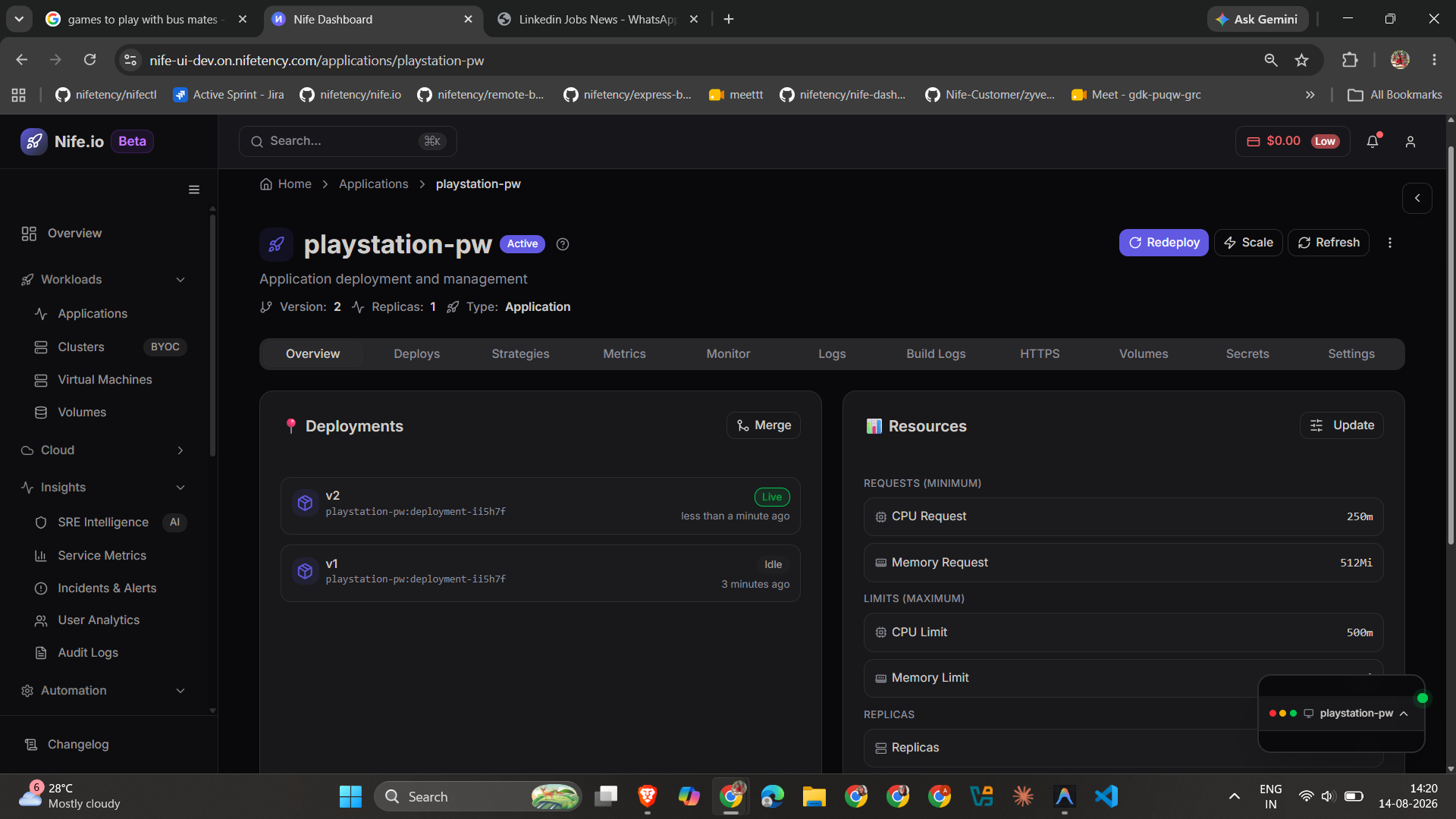 Application Overview tab showing the Deployments list with v2 marked Live and v1 marked Idle, alongside the app's Resources panel