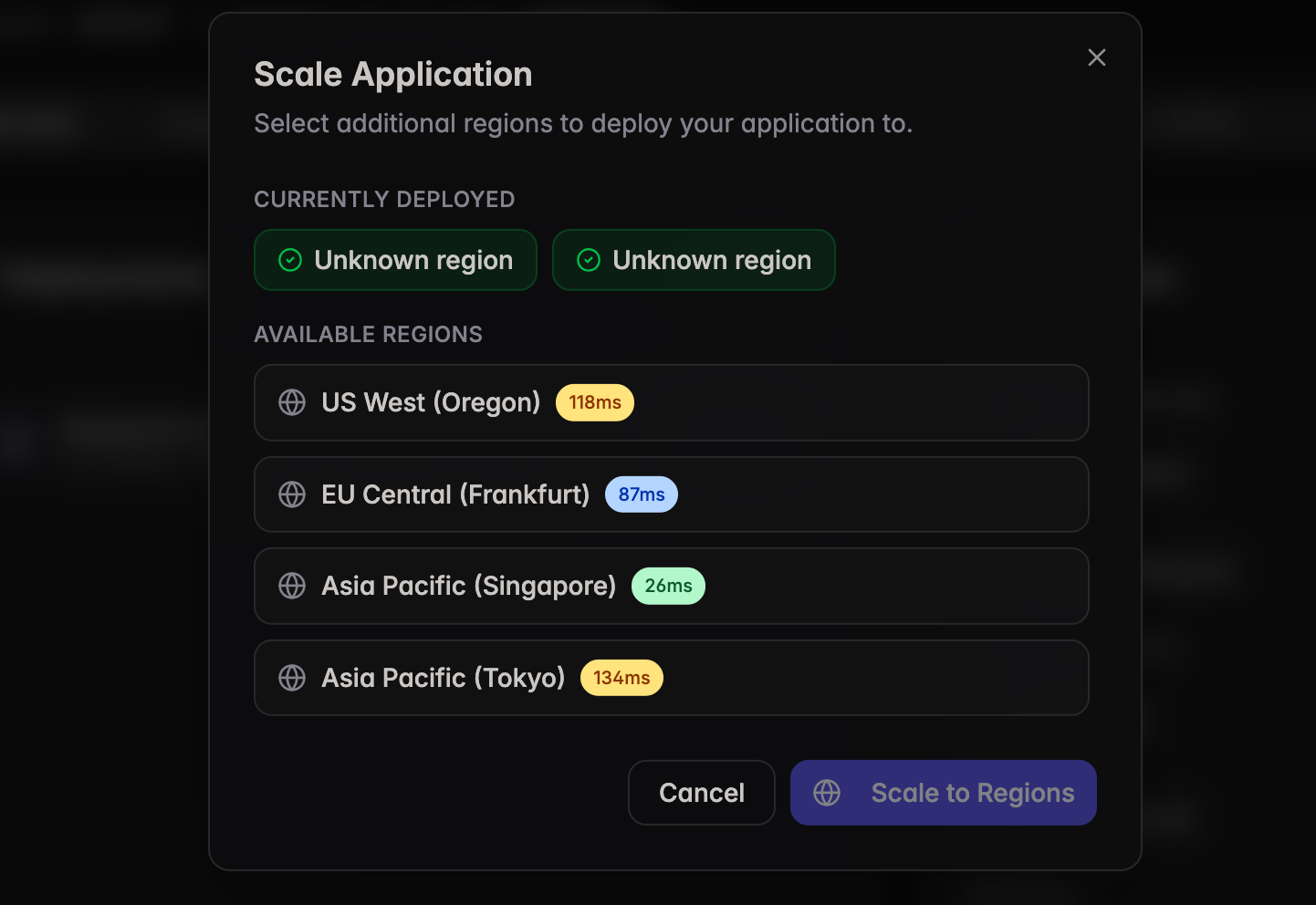 Scale Application modal with available regions