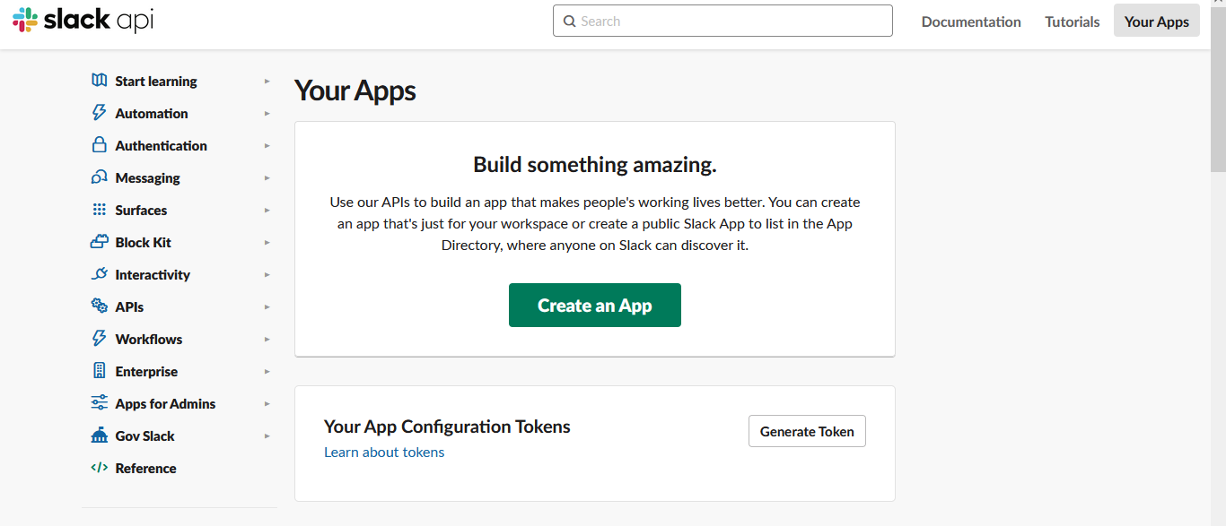 Slack api page - Create an App 