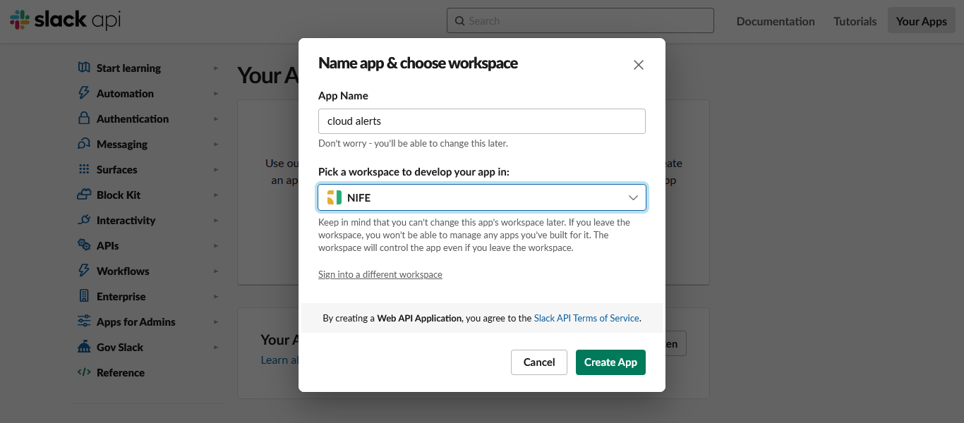 Slack api page: select your workspace 