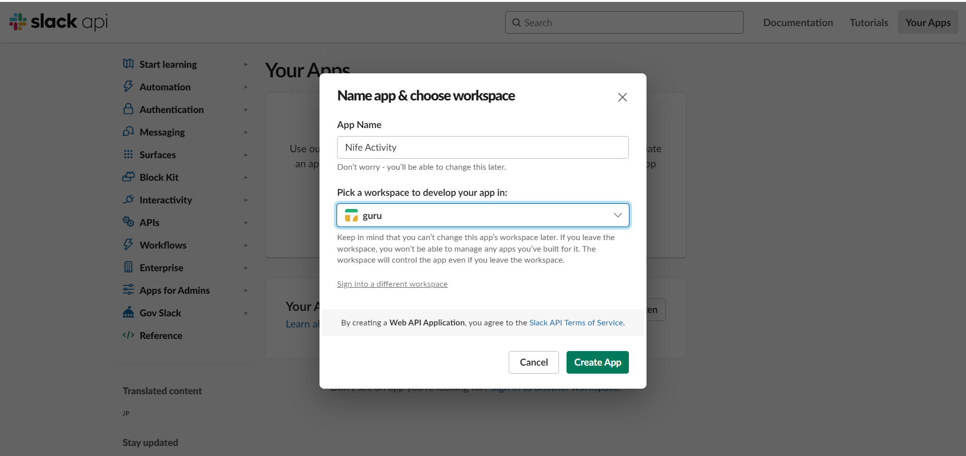 Slack api page: select your workspace 