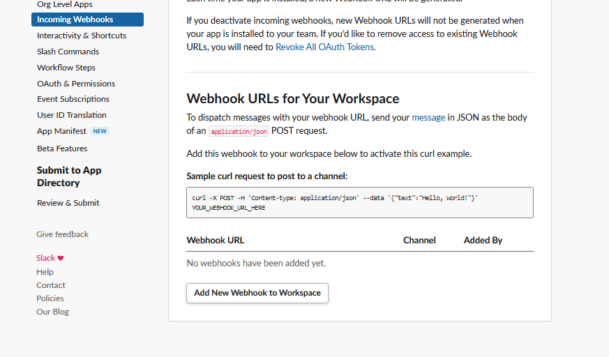 click on Add New Webhook to Workspace