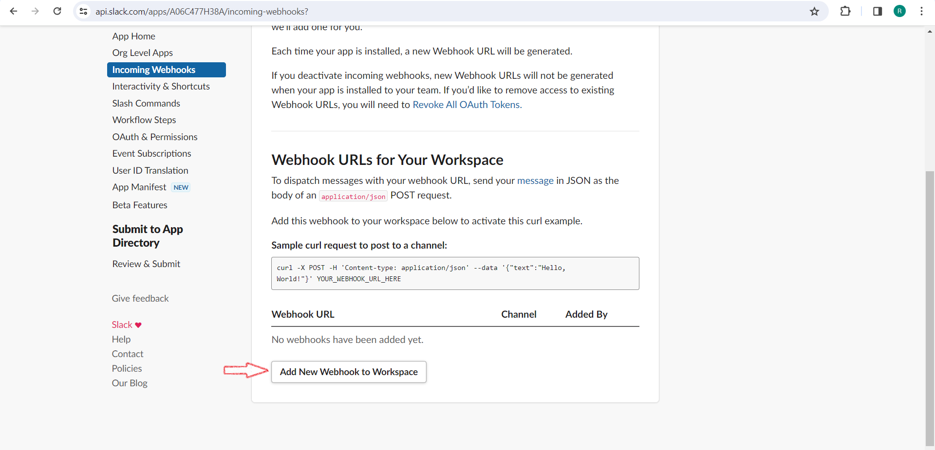 click on Add New Webhook to Workspace