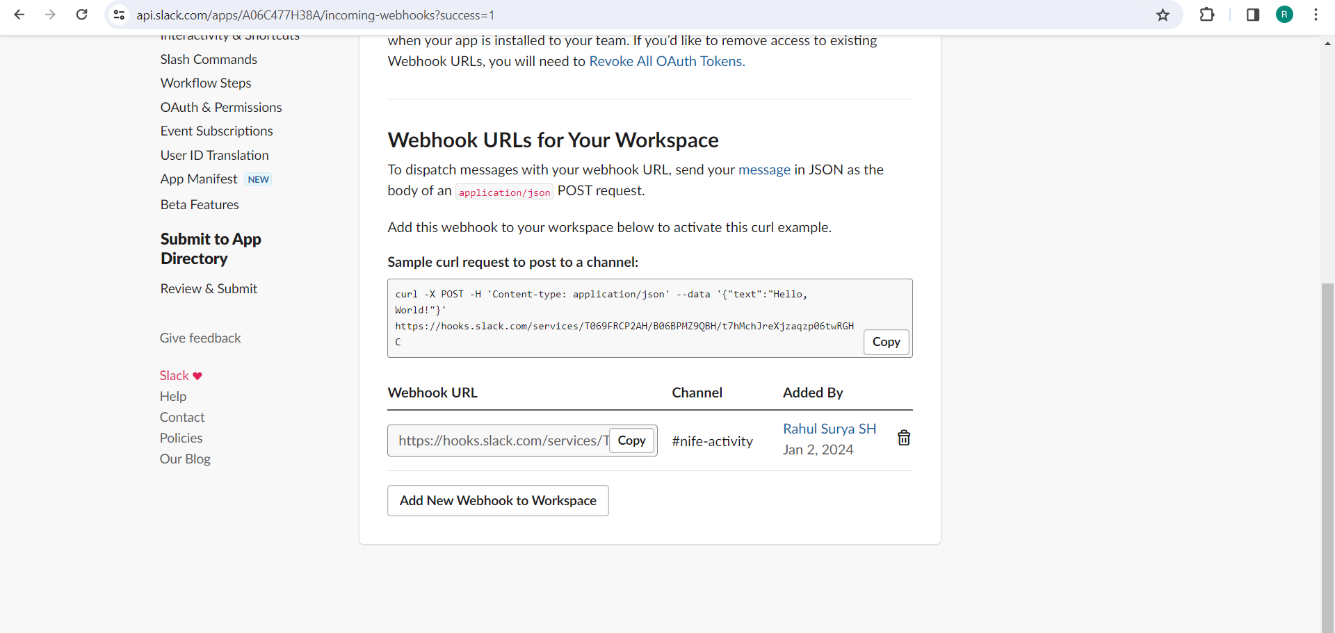 copy slack webhook URL