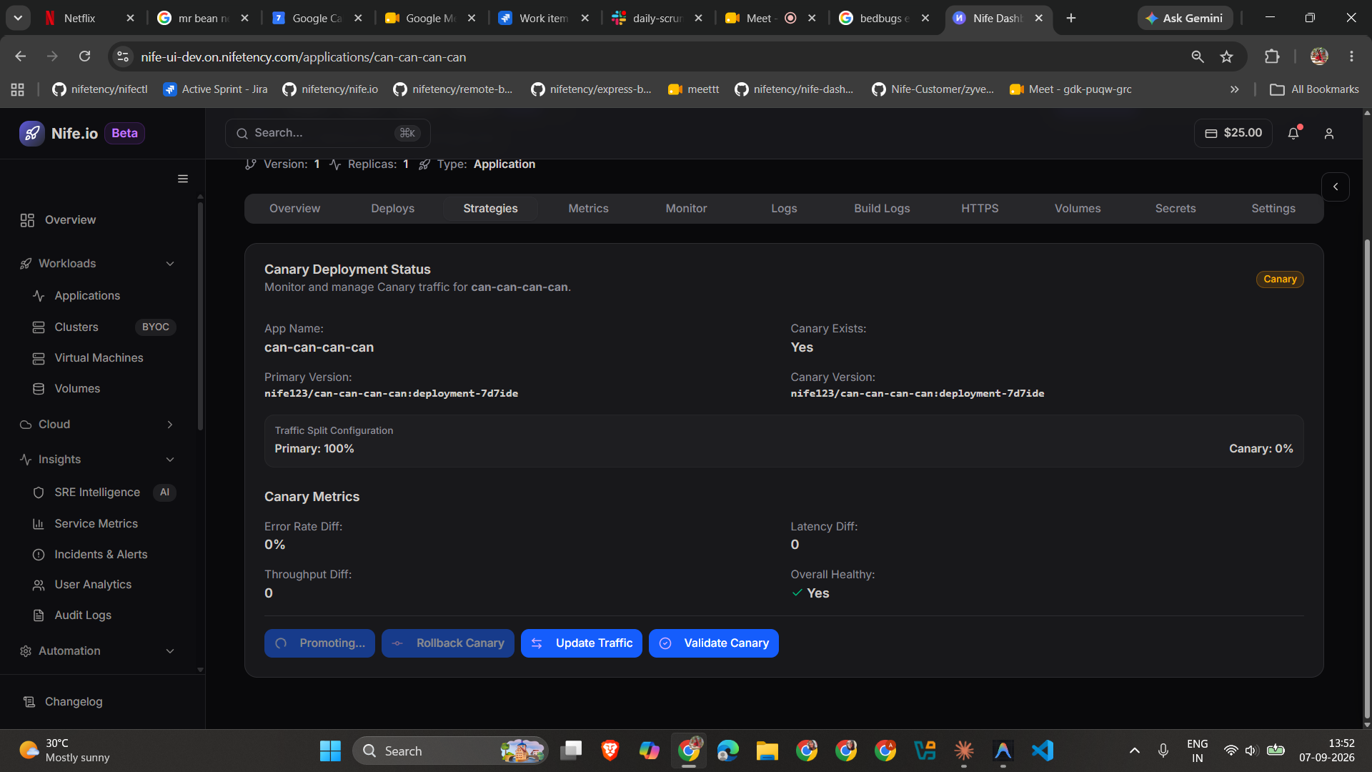 Canary Deployment Status panel showing Canary Exists, Primary Version, Canary Version, Traffic Split Configuration, Canary Metrics, and the Promote, Rollback, Update Traffic, and Validate actions