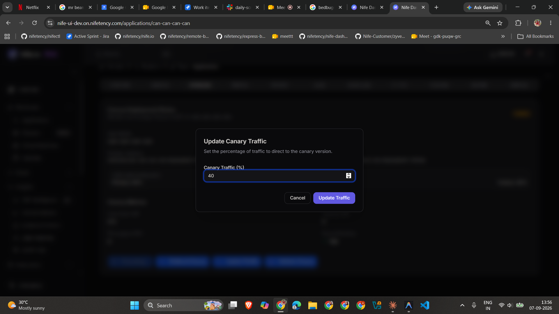Update Canary Traffic dialog with a Canary Traffic percentage field set to 40 and an Update Traffic button