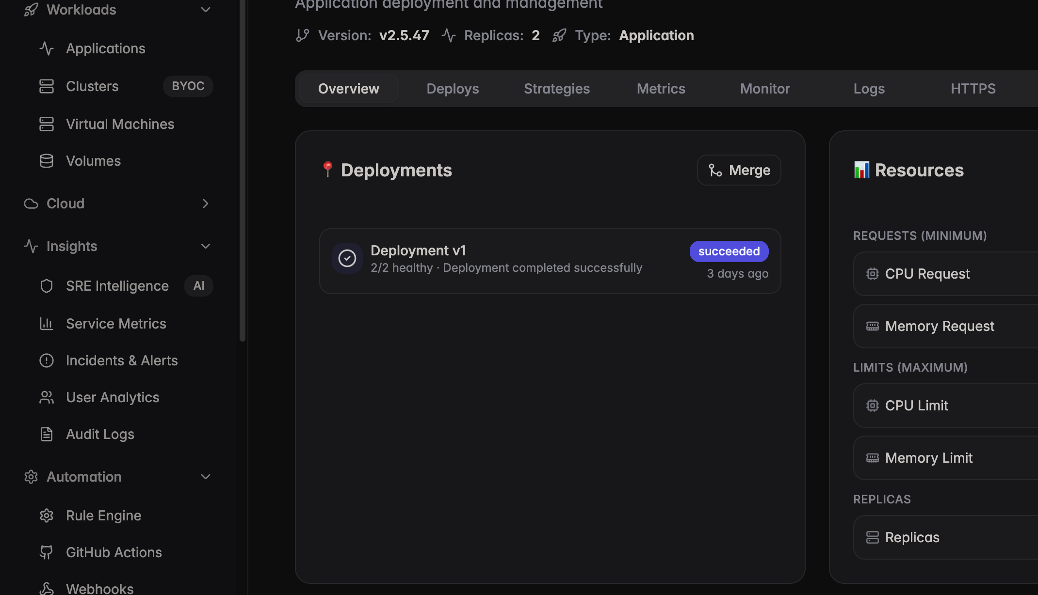 Merge button in Deployments section